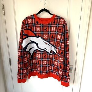 NFL Denver Broncos Ugly Christmas Plaid Sweater Unisex LARGE Snowflakes Moose
